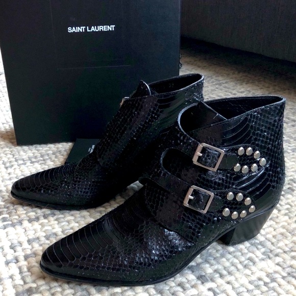 Authentic SAINT LAURENT Black Python Studded Double Monk Ankle Booties (EUC) - Picture 6 of 11